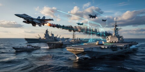 Naval forces engaged in a simulated air and sea battle.