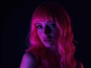 neon Woman with pink hair and a nose piercing is staring at the camera. The image has a dark background