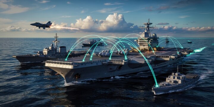 Naval fleet with advanced communication network.
