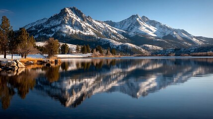 Naklejka premium Snowy peaks reflect on a serene lake, capturing a breathtaking vista on a clear day