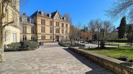 Sunny courtyard, stone building, campus, students, trees