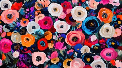Vivid floral tapestry bold blossoms in painterly delight against a dark canvas