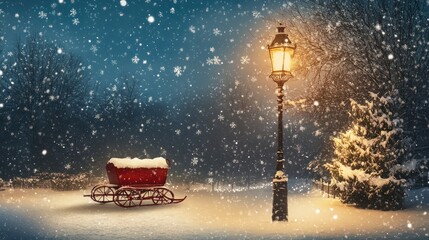 Fototapeta premium A Magical Winter Night: Snowfall, Red Sleigh, and Glowing Lamppost