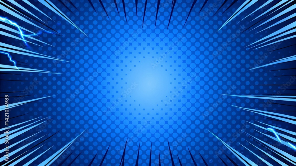Poster comic blue background with lightning power fx illustration of a powerful comics like page layout bac