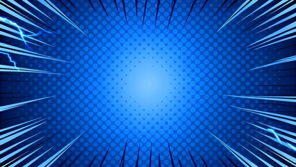 Fototapeta premium Comic Blue Background With lightning Power Fx Illustration of a powerful comics like page layout background with rays and halftone dots focus on center, superhero theme dynamic energy scene