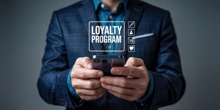 Businessman using a mobile phone to access a loyalty program.