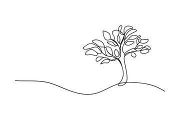 Continuous Line Drawing Of A Minimalist Tree Silhouette On A Landscape
