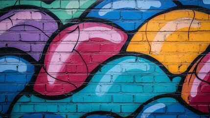 Graffiti art on brick wall displays colorful abstract forms