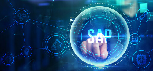 SAP System Software Automation concept on virtual screen data center. Business, modern technology,...