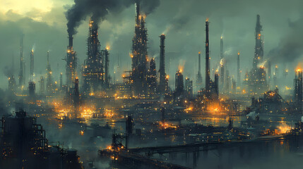 Dark Industrial Cityscape at Night with Smoky Atmosphere