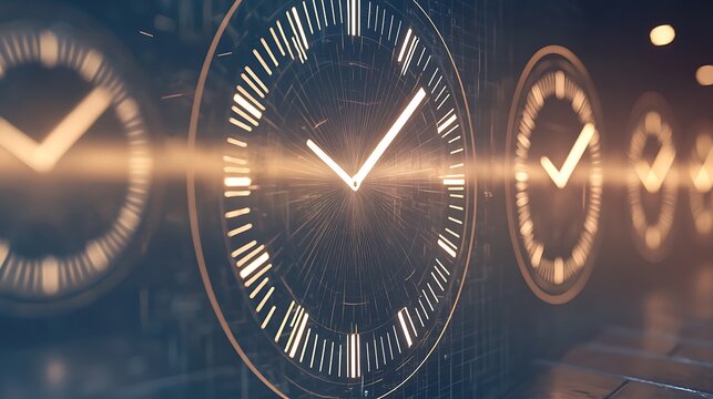 A series of glowing clocks fade into the distance, marking the passage and perception of time