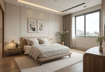 Fototapeta premium Serene Minimalist Bedroom: Tranquil Beige Hues and Natural Light