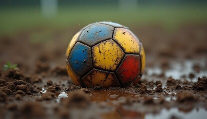 A dirty soccer ball in the mud