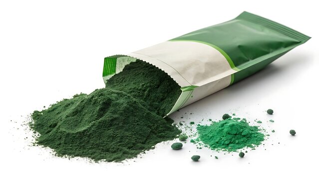 Spirulina powder spilling from green and white package on white background
