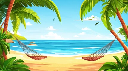 Obraz premium Tropical Paradise with Hammocks and Palm Trees by the Ocean