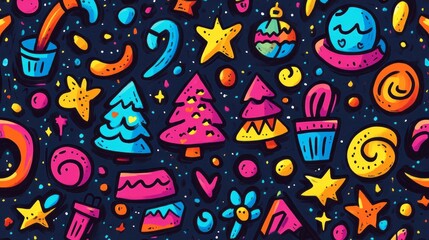 Festive cartoon pattern features colorful christmas and holiday themed items