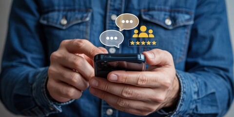 Mobile phone user interacting with online customer reviews.