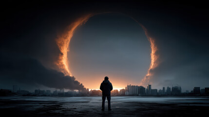 Fototapeta premium person stands before fiery portal in cityscape, evoking wonder