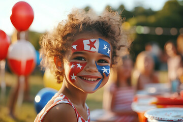Smiling child with red and blue star face paint, celebrating US Day with joy and festivity.
