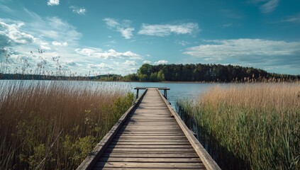 Fototapeta premium Serene Lake Wooden Dock Extending to Tranquil Island Landscape Under Blue Sky with Fluffy Clouds