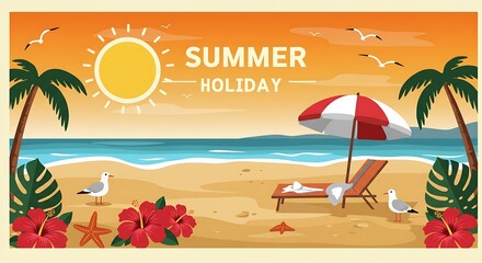 Obraz premium A beach scene with a chair and umbrella on the sand, beach setting, summertime, summer day, hot summer day