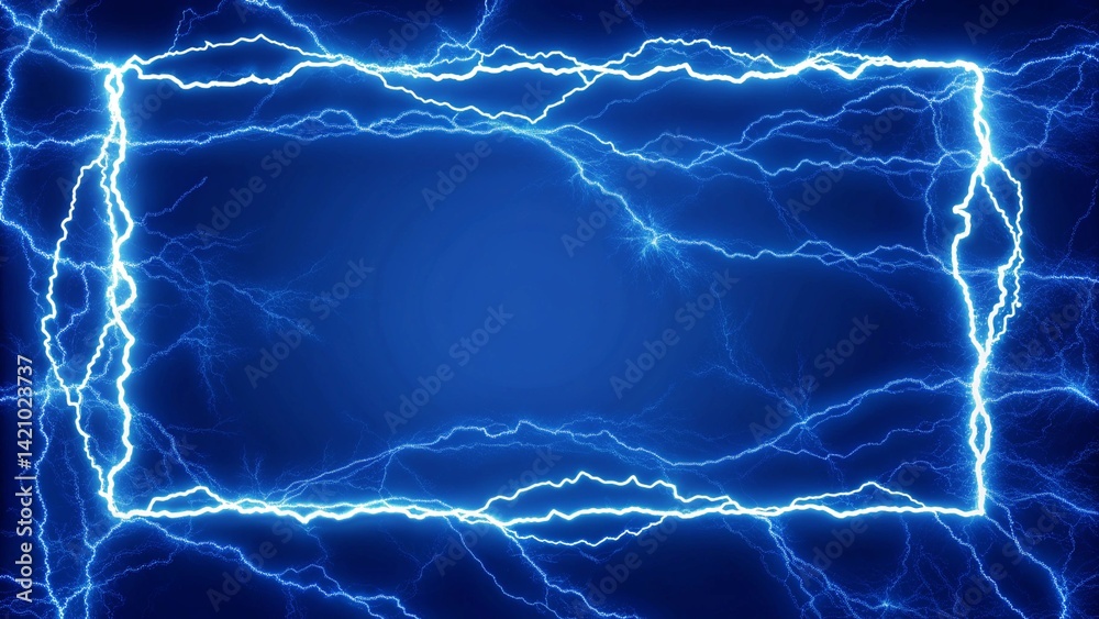 Fototapete rectangle frame with glowing blue electric energy lightning spark effect on dark background, copy sp