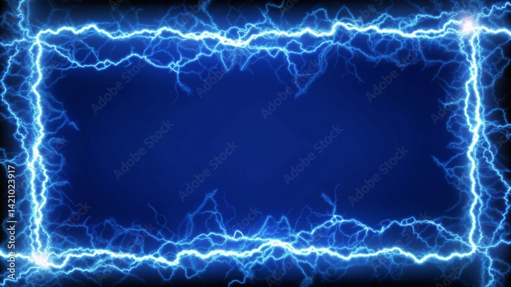 Leinwandbilder rectangle frame with glowing blue electric energy lightning spark effect on dark background, copy sp