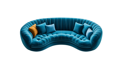 Curved velvet modern sofa in deep teal color isolated on white background
