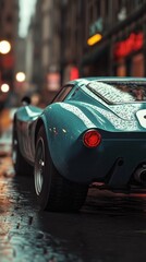Naklejka premium A classic sports car parked on a wet city street at night