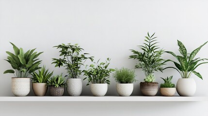 Fototapeta premium Indoor plants potted on shelf home decor ideas greenery houseplants minimal style modern design interior