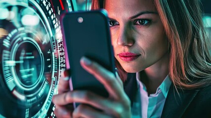Caucasian businesswoman engaging with digital interface while scanning data in a modern office environment, scope scanning over caucasian businesswoman using smartphone - Powered by Adobe