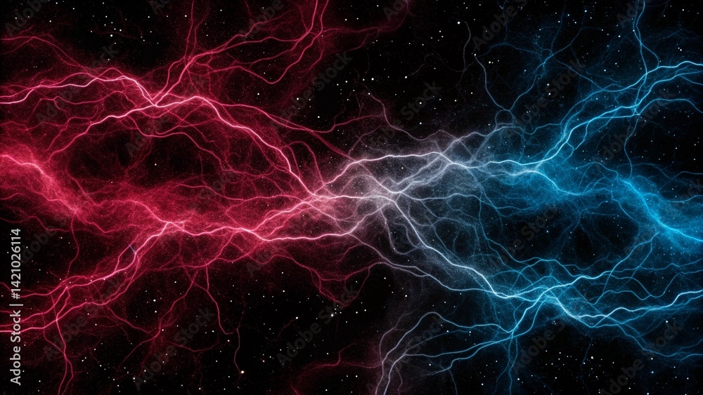 Poster Vibrant abstract digital background featuring global network concept with pink and blue electric energy. Dynamic colors create sense of movement and connection in a futuristic visual environment