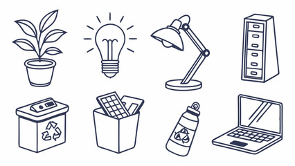 Obraz premium Eco Home Office Desk Line Art Vector Icons Plant Lightbulb Desk Lamp File Cabinet Recycling Bin Trash Can Water Bottle Laptop