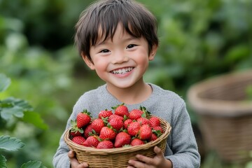 Happy child holding basket of fresh strawberries in the field