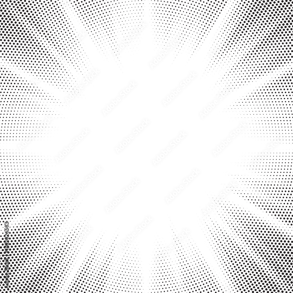 Poster Halftone gradient sun rays pattern. abstract halftone vector dots background. monochrome dots pattern. pop art, comic small dots. star rays halftone poster. shine, explosion. sunrise rays background. 