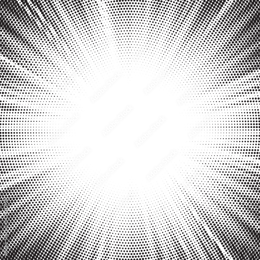 Poster Halftone gradient sun rays pattern. Abstract halftone vector dots background. monochrome dots pattern. Vector background in comic book style with sunburst rays and halftone. Retro pop art design.