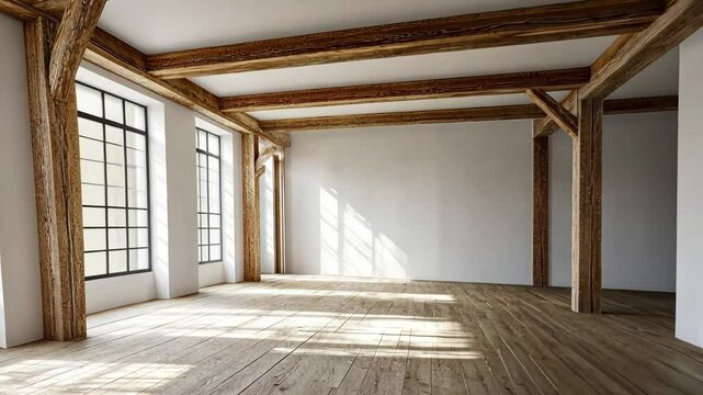 Sunlit empty room with wooden floors and large windows letting in natural light. 