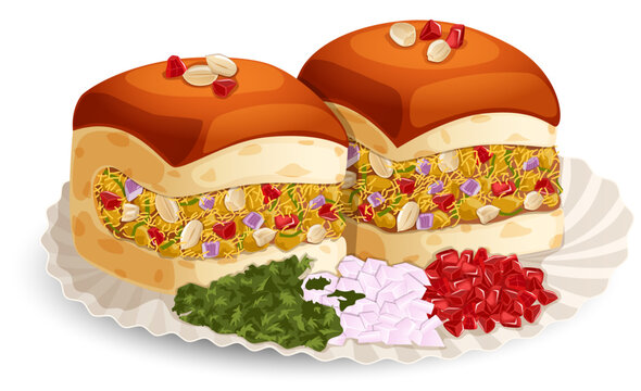 Indian Street Snack Kutchi Dabeli Served on Paper Plate with Coriander, Chopped Onions and Pomegranate Arils. Authentic Gujarati Sandwich Detailed Art