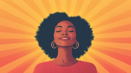 a happy woman smiling peacefully with sunburst rays radiating from behind, joy and energy theme