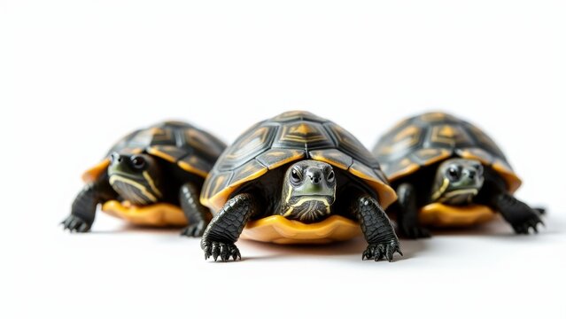Three Yellow Bellied Slider Turtles On White