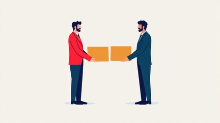 abstract illustration of two businessmen exchanging goods across a rising tax barrier, conflict in international trade