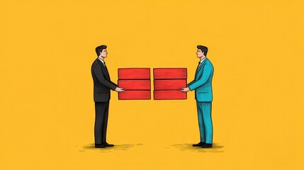 abstract illustration of two businessmen exchanging goods across a rising tax barrier, conflict in international trade