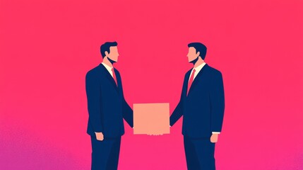 Fototapeta premium abstract illustration of two businessmen exchanging goods across a rising tax barrier, conflict in international trade
