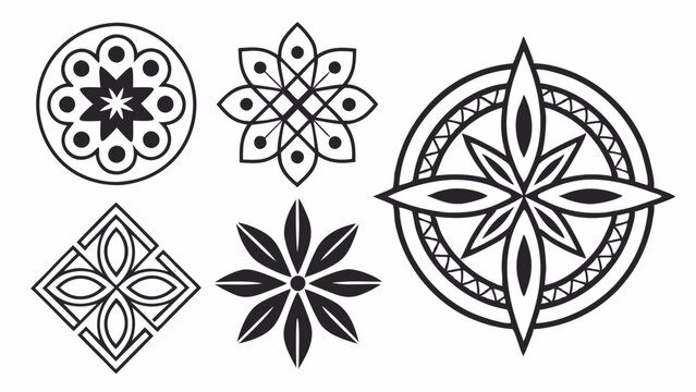 Black and White Geometric Floral Mandala Vector Ornaments Set