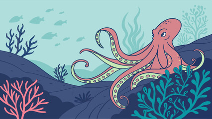 Obraz premium Vibrant Underwater Cartoon Illustration of a Pink Octopus on the Seabed with Colorful Coral and Fish