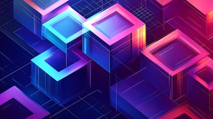 Abstract Neon Geometric Cubes Digital Art Background Design 3d pink blue vivid style shiny light    
