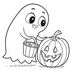 Cute Ghost with Pumpkin – Halloween Coloring Page
