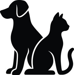 Obraz premium Minimalist Black Silhouette of a Dog and Cat Sitting Side by Side – Pet Companion Vector Illustration on Transparent Background for Veterinary, Animal Welfare, and Logo Design Projects