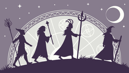 Mystical Fantasy Art Silhouette of Four Witches Walking at Night Under Moon and Stars with Pentagram Magic Circle