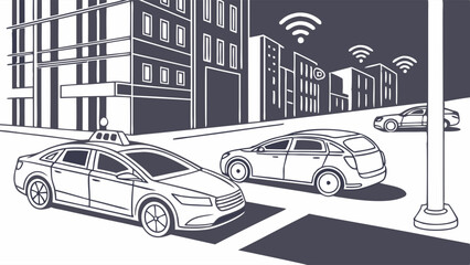 Black and white line art illustration of autonomous vehicles and a self-driving taxi in a connected smart city street scene